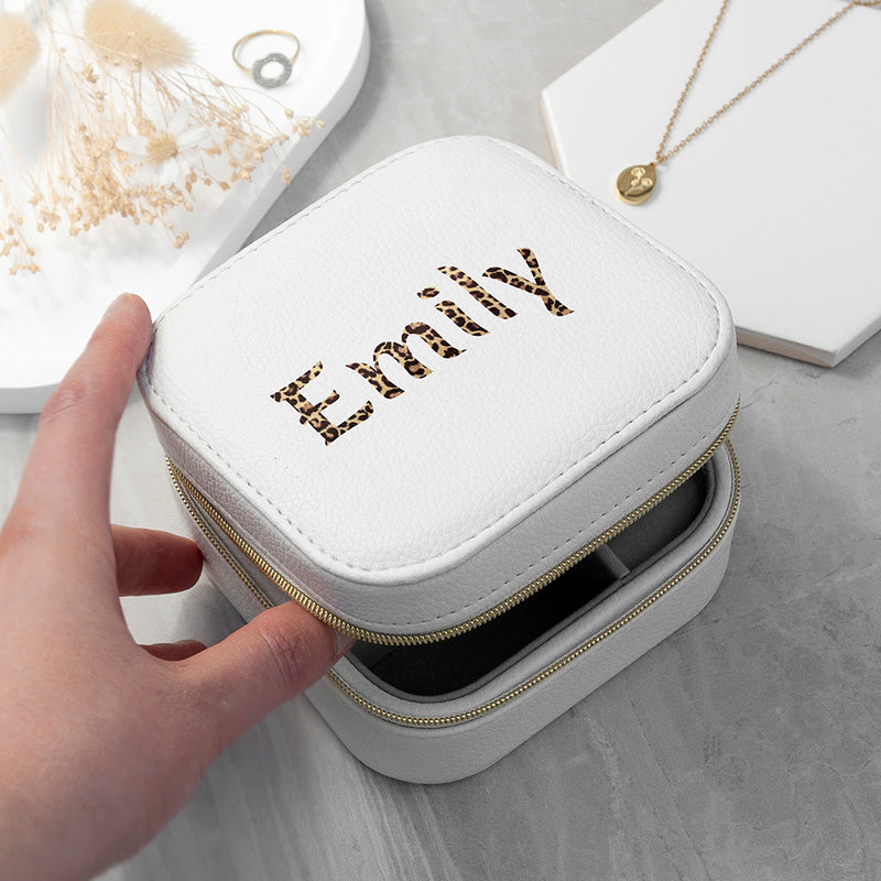 Personalised Animal Print White Travel Jewellery Case Box