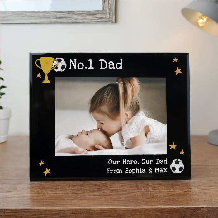 Dad / Daddy Football Black Glass Photo Frame - Personalised