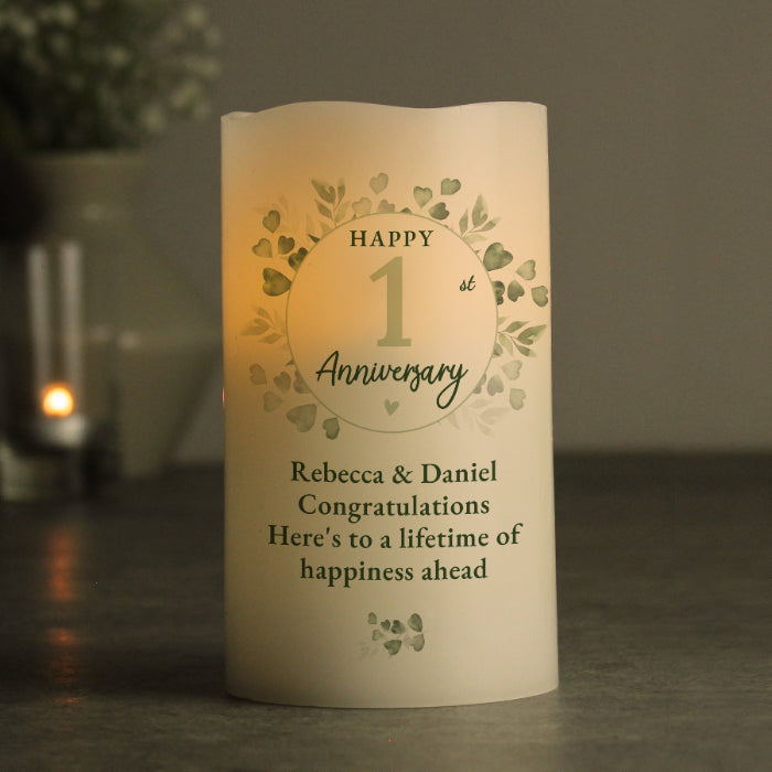 Personalised Botanical 1st Anniversary LED Candle