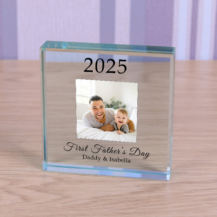 Personalised First Fathers Day Photo Crystal Glass Block