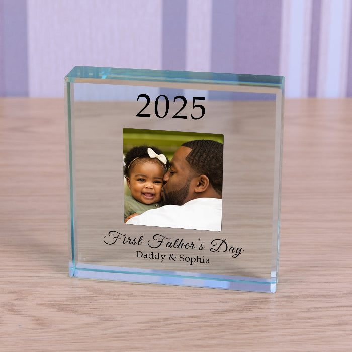 Personalised First Fathers Day Photo Crystal Glass Block