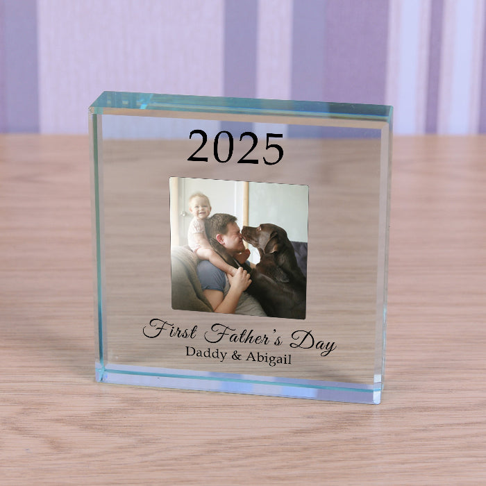 Personalised First Fathers Day Photo Crystal Glass Block