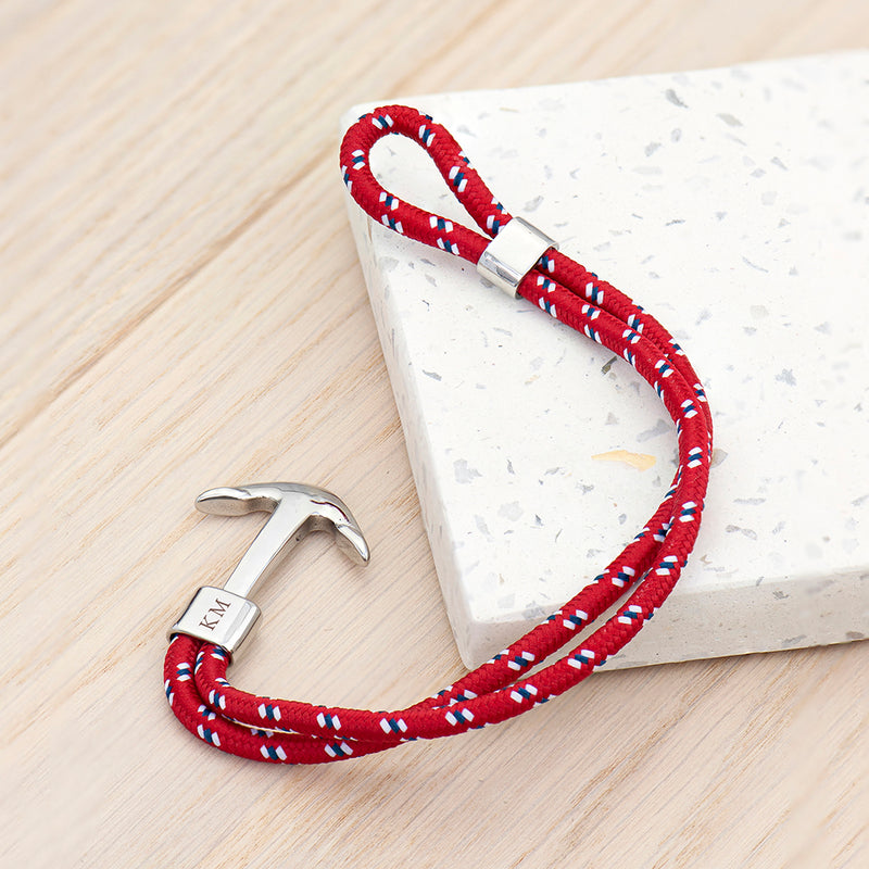 Personalised Men's Red Rope Nautical Anchor Bracelet