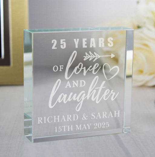 25th Anniversary Crystal Glass Block - 25 Years Of Love & Laughter