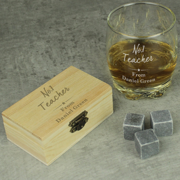 Engraved No.1 Teacher Cooling Stones & Whisky Glass Gift Set