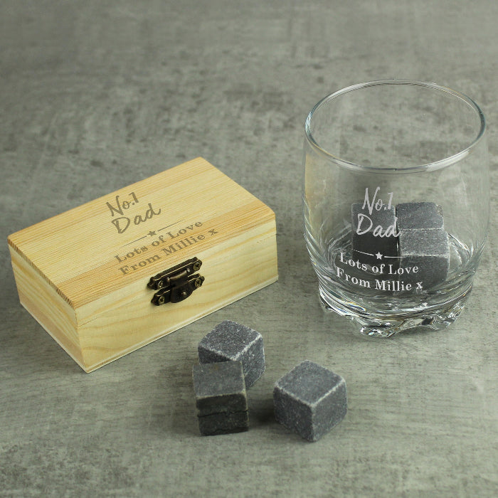 Engraved No.1 Dad Cooling Stones & Whisky Glass Gift Set