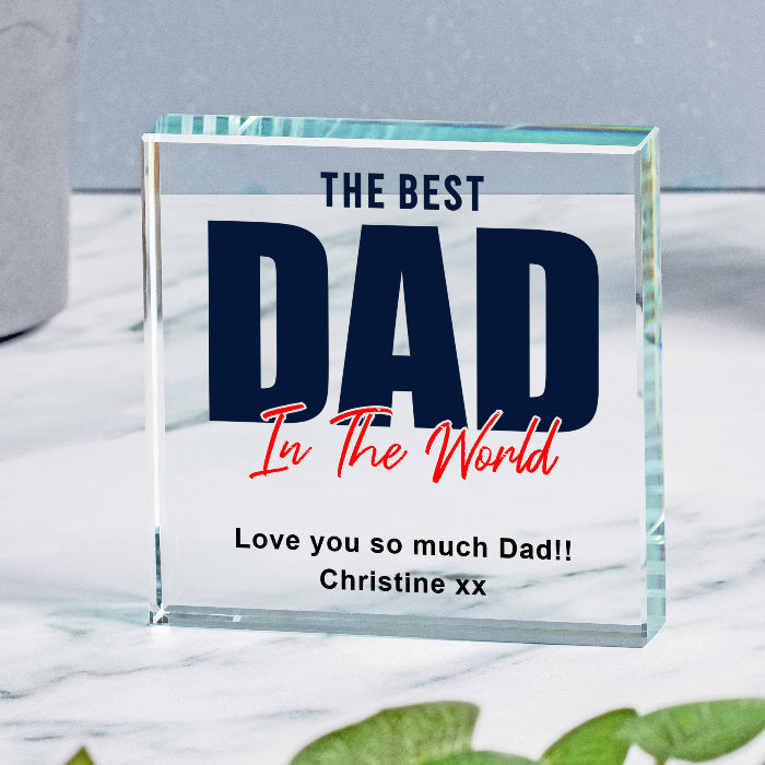 Personalised Best Dad in the World Gift Glass Keepsake Block