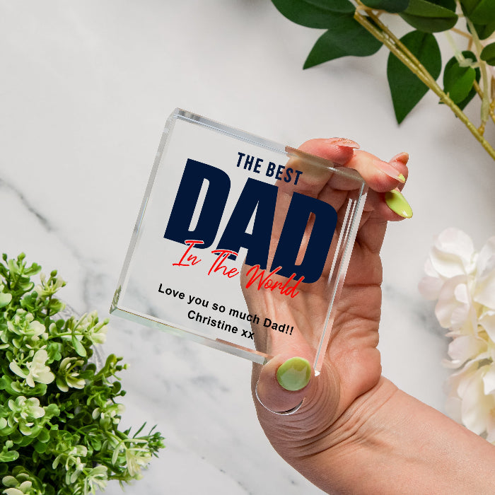 Personalised Best Dad in the World Gift Glass Keepsake Block