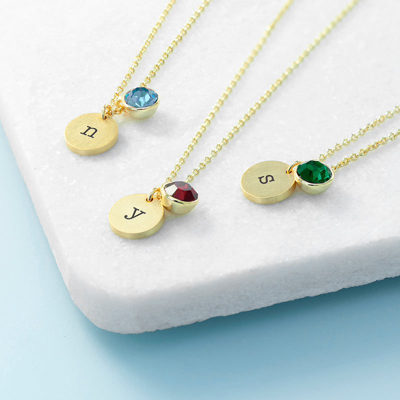 Personalised Monogram Gold Birthstone Crystal and Disc Necklace