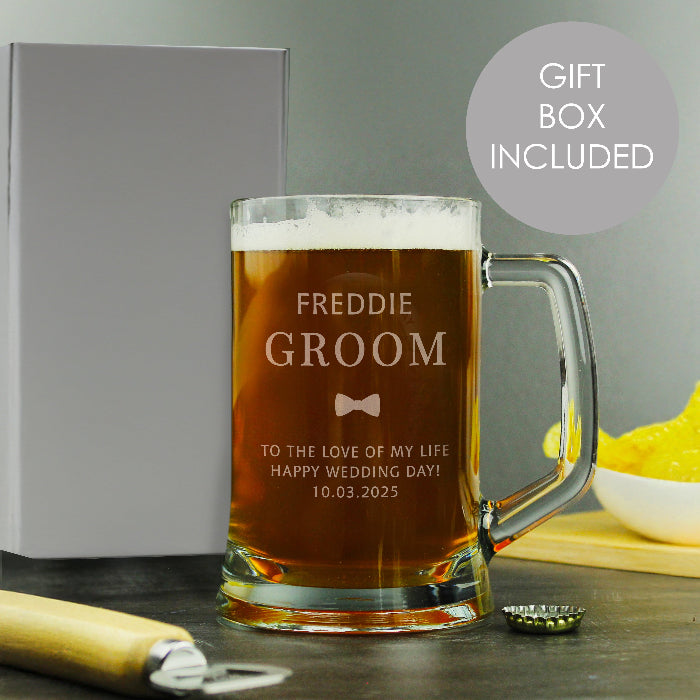 Engraved Groom Pint Stern Glass Tankard & Gift Box