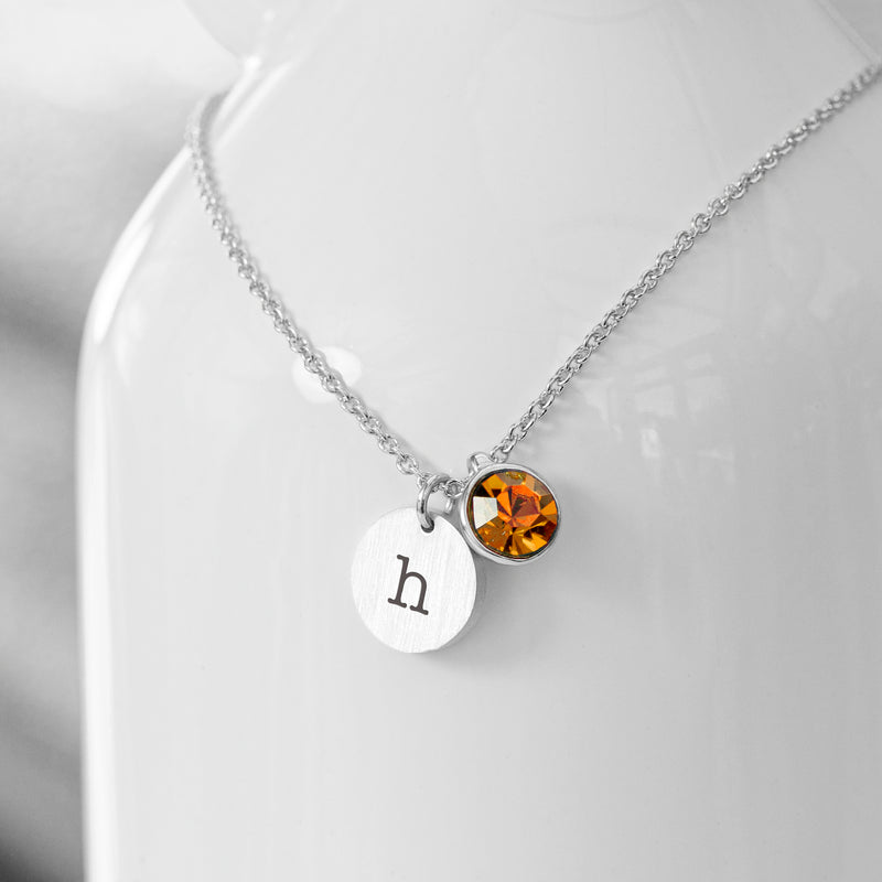 Personalised Monogram Silver Birthstone Crystal and Disc Necklace