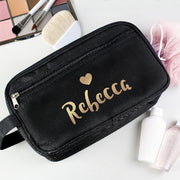 Personalised Women’s Black Toiletry Bag With Name - Gold Text