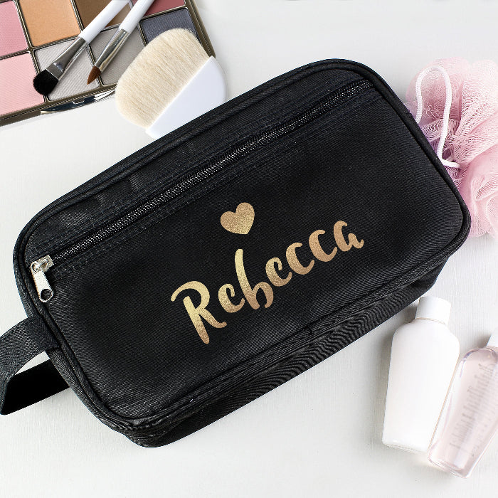 Personalised Women’s Black Toiletry Bag With Name - Gold Text