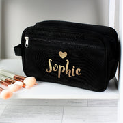 Personalised Women’s Black Toiletry Bag With Name - Gold Text