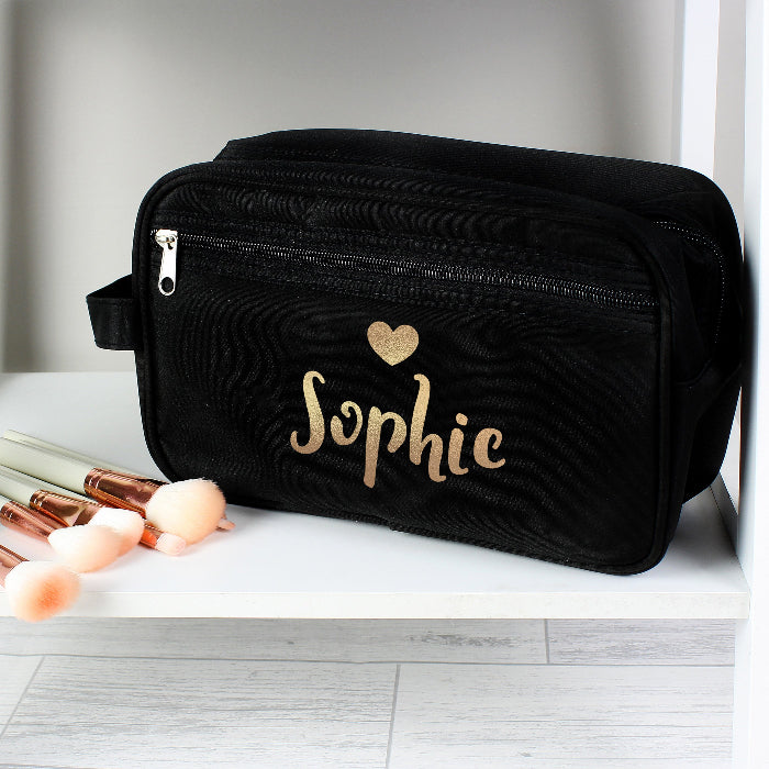 Personalised Women’s Black Toiletry Bag With Name - Gold Text