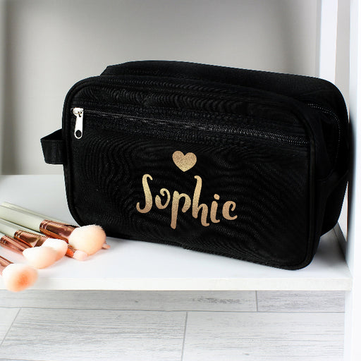 Personalised Women’s Black Toiletry Bag With Name - Gold Text