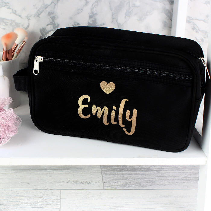 Personalised Women’s Black Toiletry Bag With Name - Gold Text