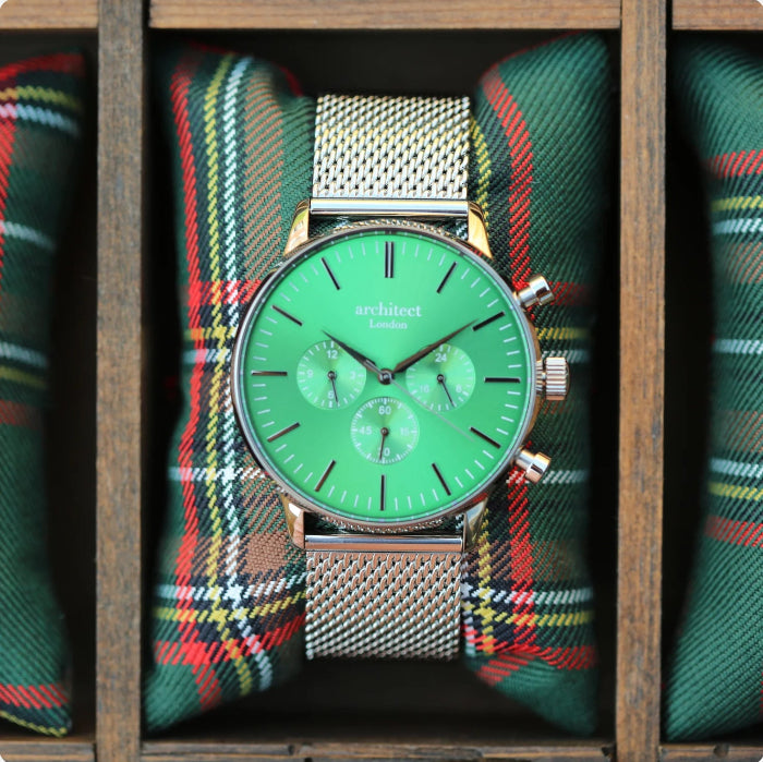 Engraved Men's Architect Motivator Quartz Watch - Envy Green With Silver Mesh Strap
