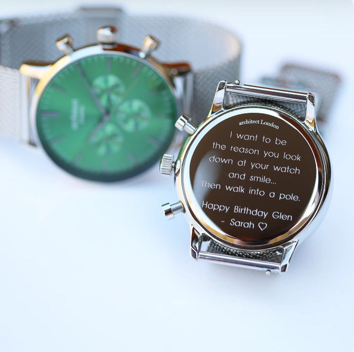 Engraved Men's Architect Motivator Quartz Watch - Envy Green With Silver Mesh Strap