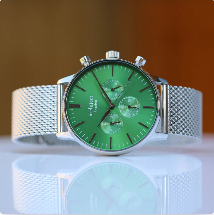 Engraved Men's Architect Motivator Quartz Watch - Envy Green With Silver Mesh Strap
