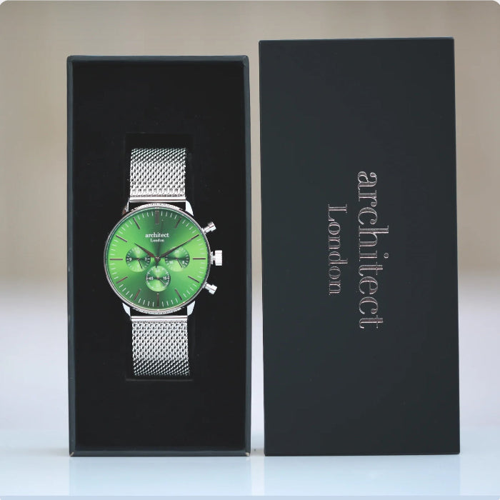 Engraved Men's Architect Motivator Quartz Watch - Envy Green With Silver Mesh Strap