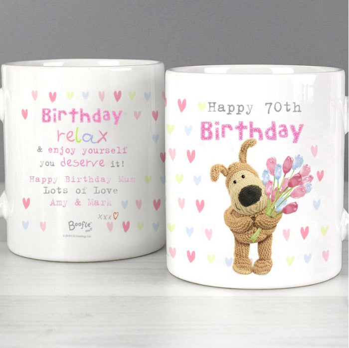 Personalised Boofle 70th Birthday Flowers Mug