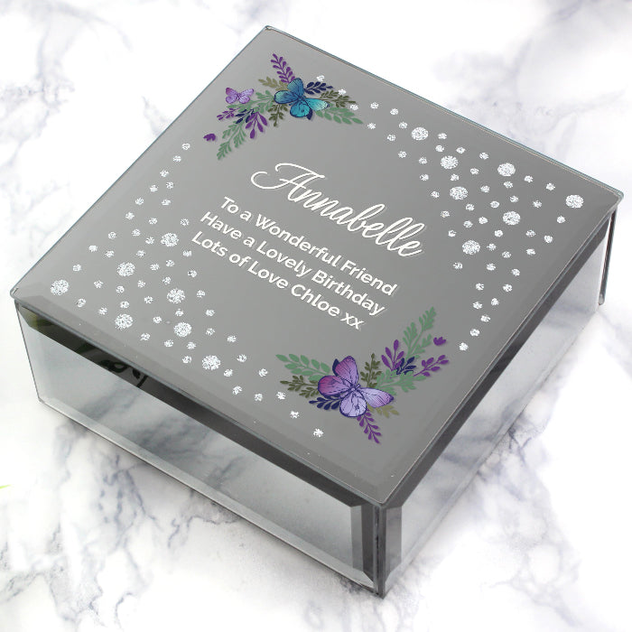 Engraved Floral Butterfly Diamante Glass Trinket Box