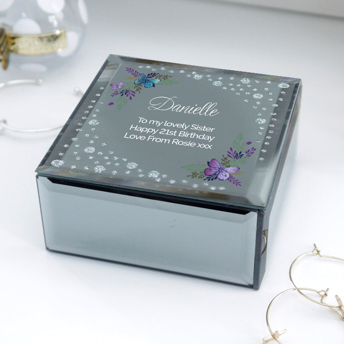 Engraved Floral Butterfly Diamante Glass Trinket Box