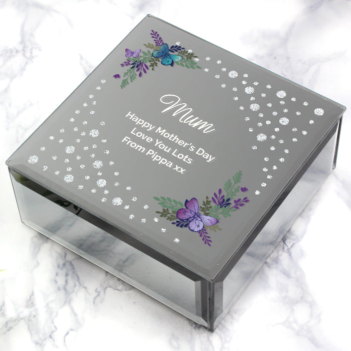 Engraved Floral Butterfly Diamante Glass Trinket Box