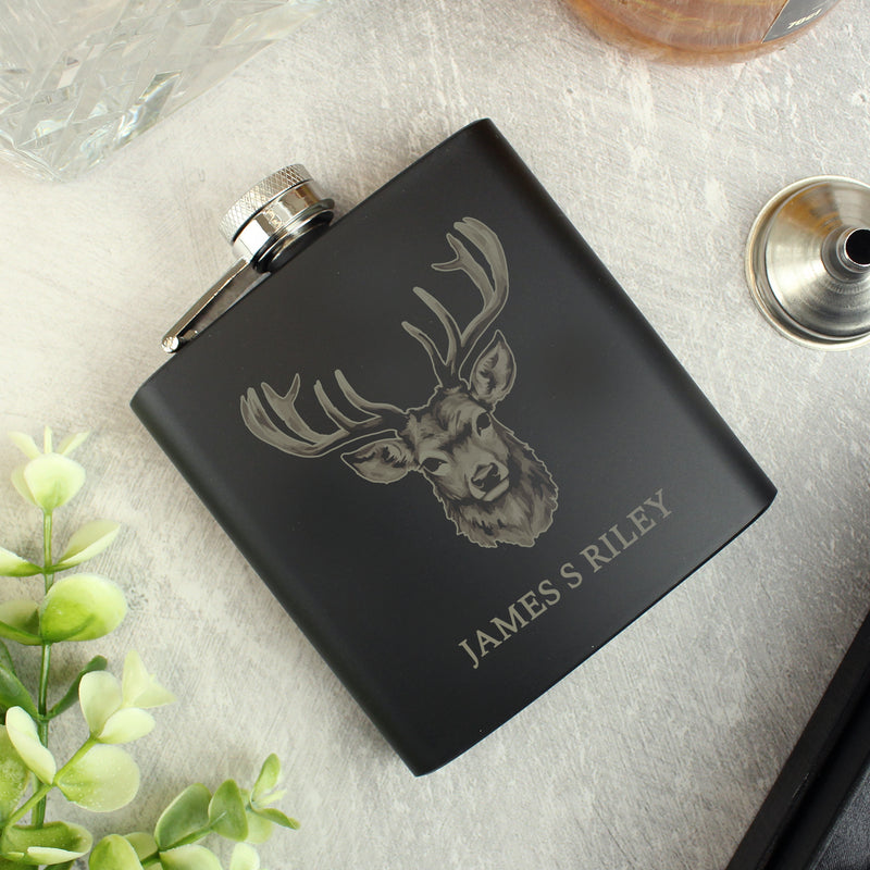 Personalised Stag Design Black Hip Flask