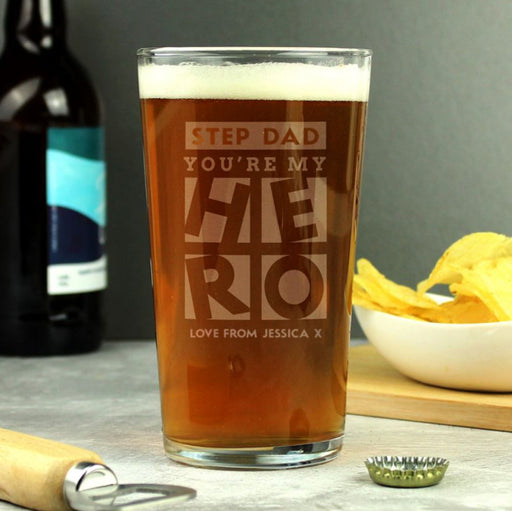 Engraved Step Dad You’re My Hero Pint Glass