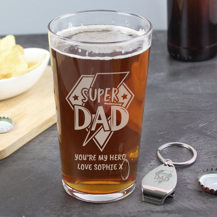 Engraved Super Dad Pint Glass & Bottle Opener Gift Set