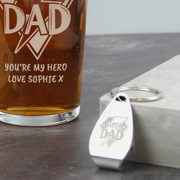 Engraved Super Dad Pint Glass & Bottle Opener Gift Set
