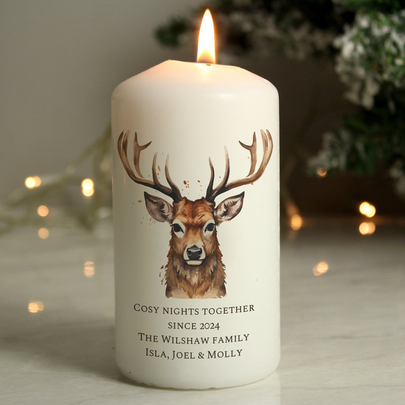 Personalised Watercolour Stag Design Pillar Candle