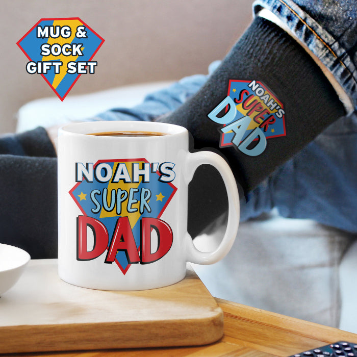Personalised Super Dad Mug & Socks Gift Set