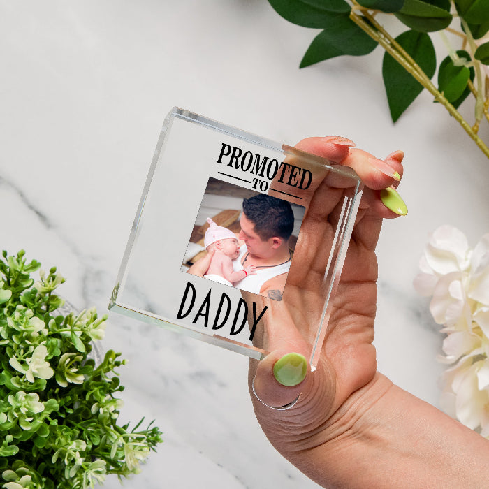 Promoted To Daddy Gift Glass Photo Upload Keepsake Block