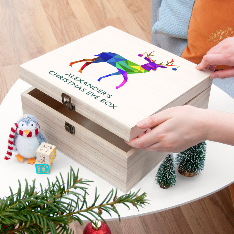 Personalised Geometric Reindeer Wooden Christmas Eve Box