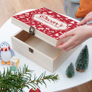 Personalised Red Festive Pattern Wooden Christmas Eve Box