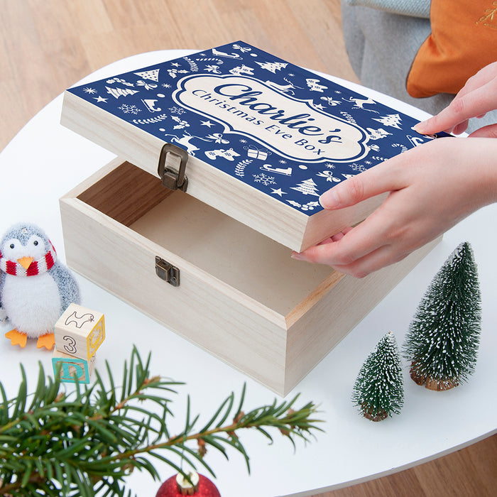 Personalised Blue Festive Pattern Wooden Christmas Eve Box