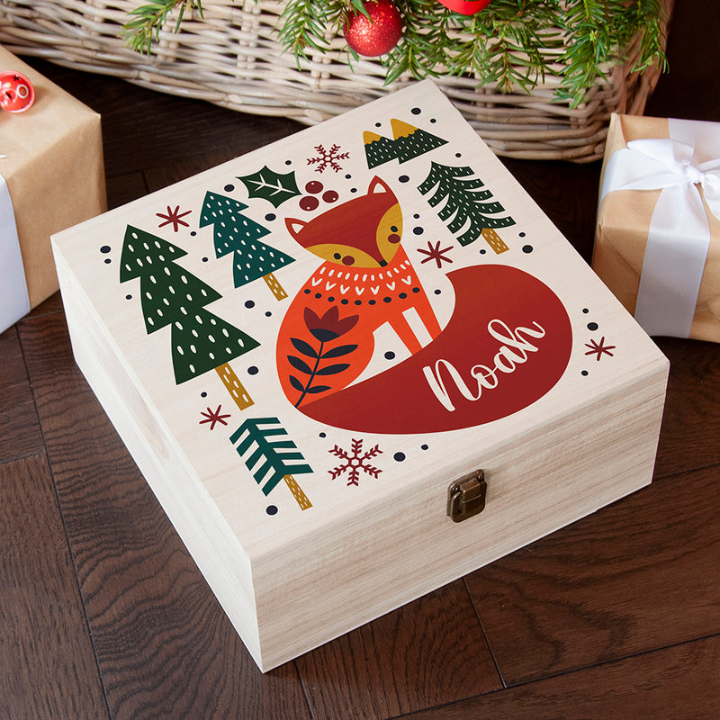 Personalised Scandi Fox Wooden Christmas Eve Box
