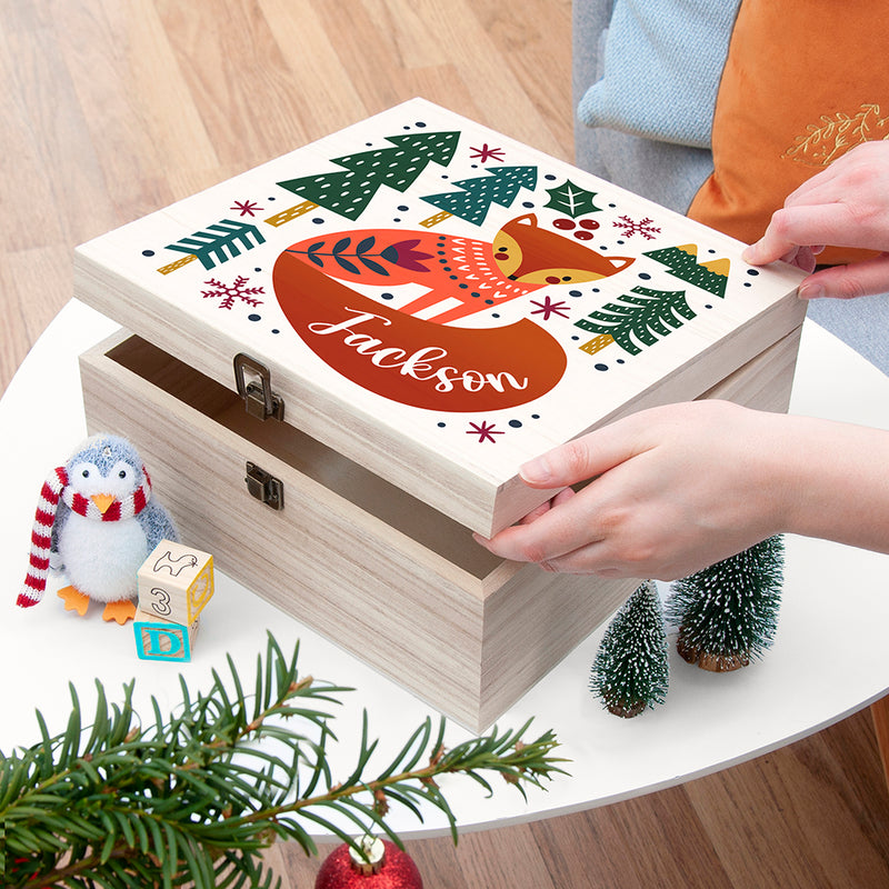Personalised Scandi Fox Wooden Christmas Eve Box