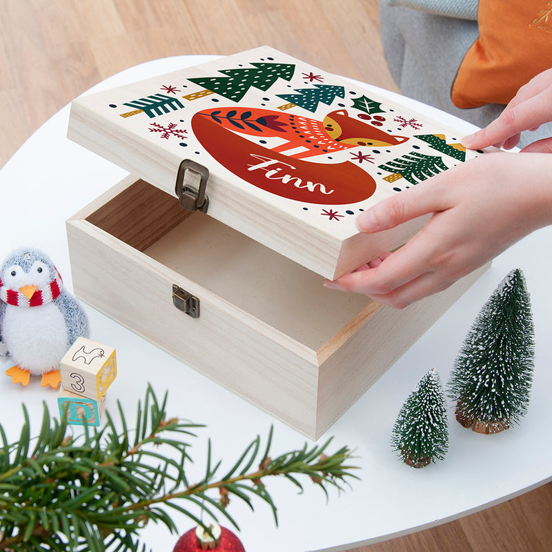 Personalised Scandi Fox Wooden Christmas Eve Box
