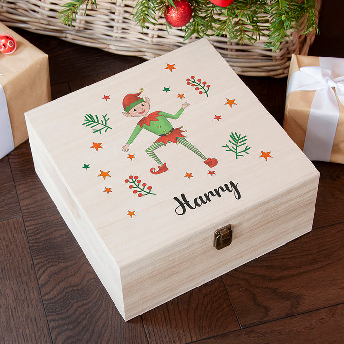 Personalised Boy Elf Wooden Christmas Eve Box