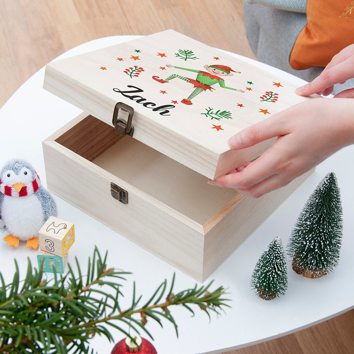 Personalised Boy Elf Wooden Christmas Eve Box