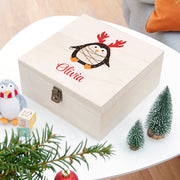Personalised Festive Penguin Wooden Christmas Eve Box