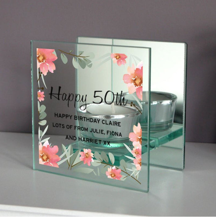 Personalised Floral 50th Birthday Mirrored Glass Tea Light Holder