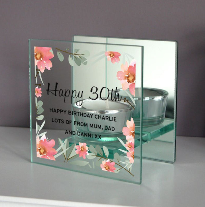 Personalised Floral 30th Birthday Mirrored Glass Tea Light Holder