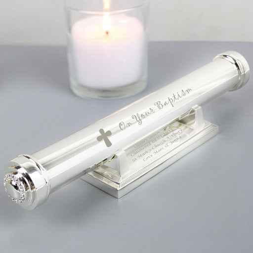 Personalised Baptism Silver Plated Certificate Holder With Stand