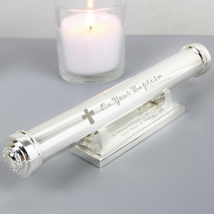 Personalised Baptism Silver Plated Certificate Holder With Stand