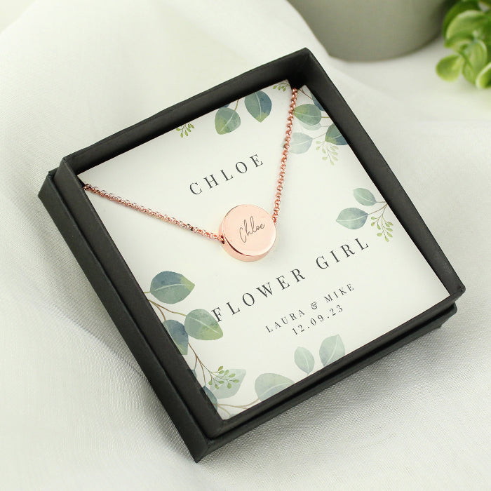 Personalised Flower Girl Rose Gold Necklace & Gift Box